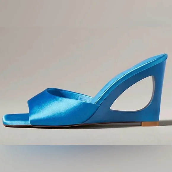 CAVERLEY Ozi Wedge Heels - Blue Satin & Leather Sculptured heeled mules Sz39 NEW - Picture 1 of 10